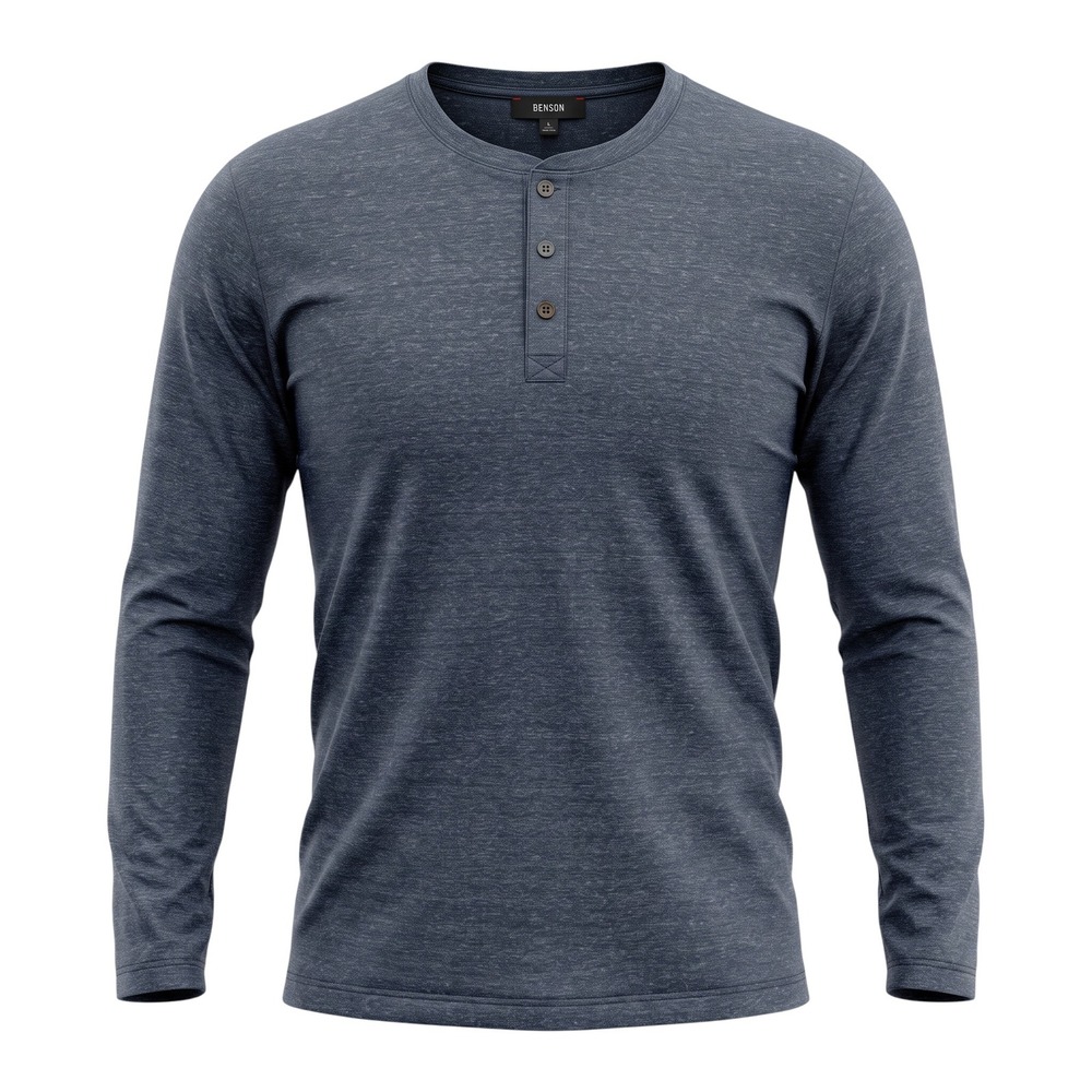 Benson Mens Long Sleeve Slub Henley Shirt Heather Navy Blue Size L RN130125